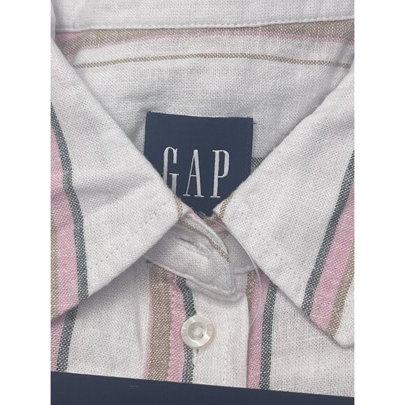 GAP Shirt Blouse Womens Size XS Linen Striped Button Down Striped White Pink - Picture 2 of 4